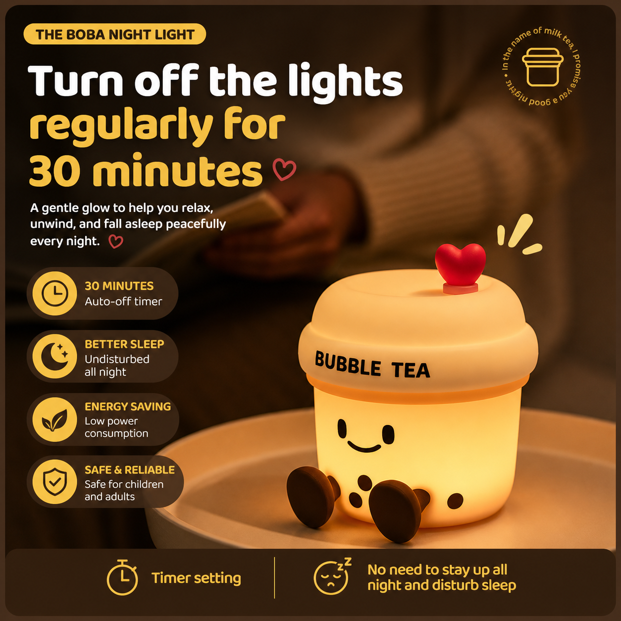 The Boba Night Light glowing warmly with a 30-minute timer feature for cozy bedtime lighting and peaceful sleep.