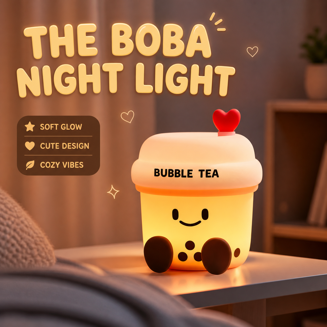 The Boba Night Light glowing warmly on a bedside table with text highlighting its soft glow, cute design, and cozy vibes.
