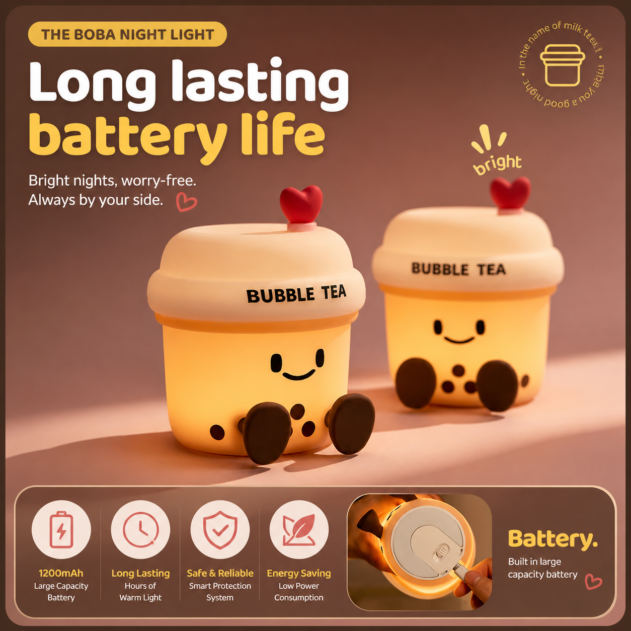 Two Boba Night Lights glowing warmly with text highlighting long-lasting battery life and a rechargeable battery design.