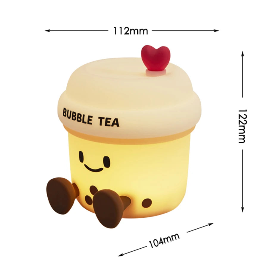 The Boba Night Light shown on a white background with product dimensions labeled for height, width, and depth.