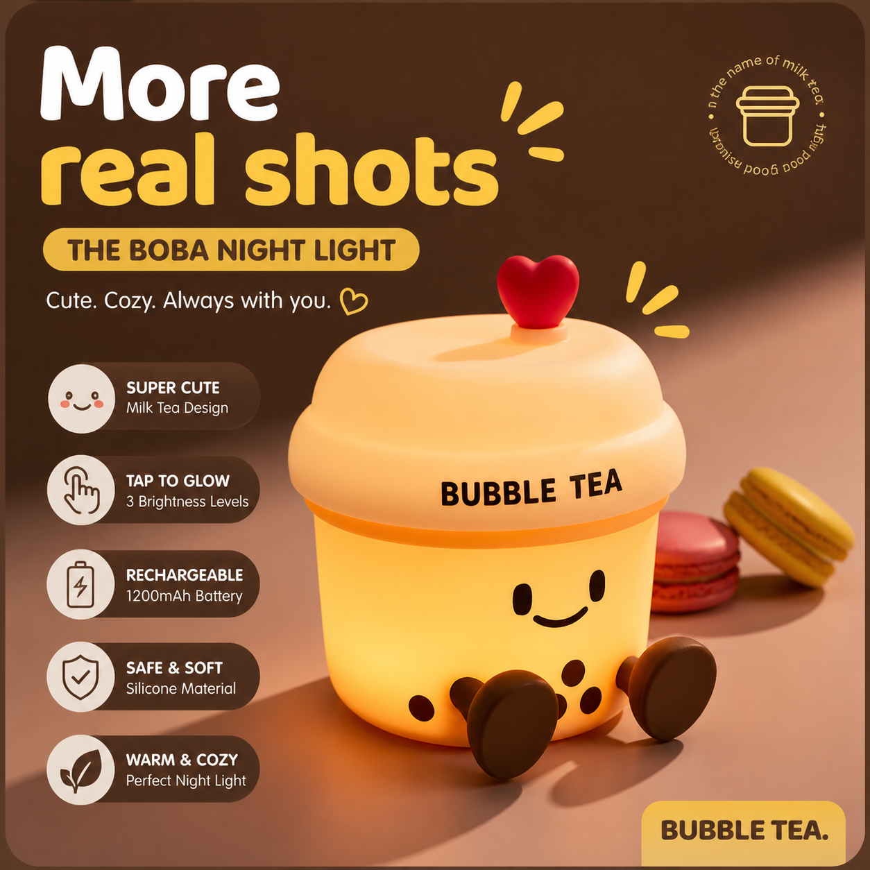 The Boba Night Light glowing warmly with real product shots highlighting its cute design, rechargeable battery, soft silicone material, and cozy night light features.