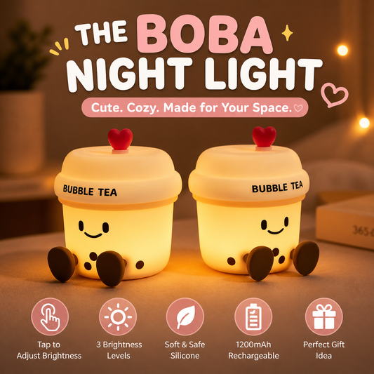 The Boba Night Light glowing warmly on a bedside table with a close-up showing its rechargeable battery compartment.