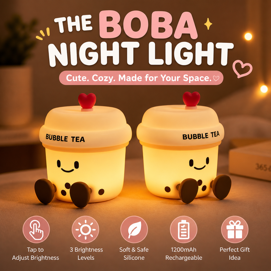 The Boba Night Light glowing warmly on a bedside table with a close-up showing its rechargeable battery compartment.