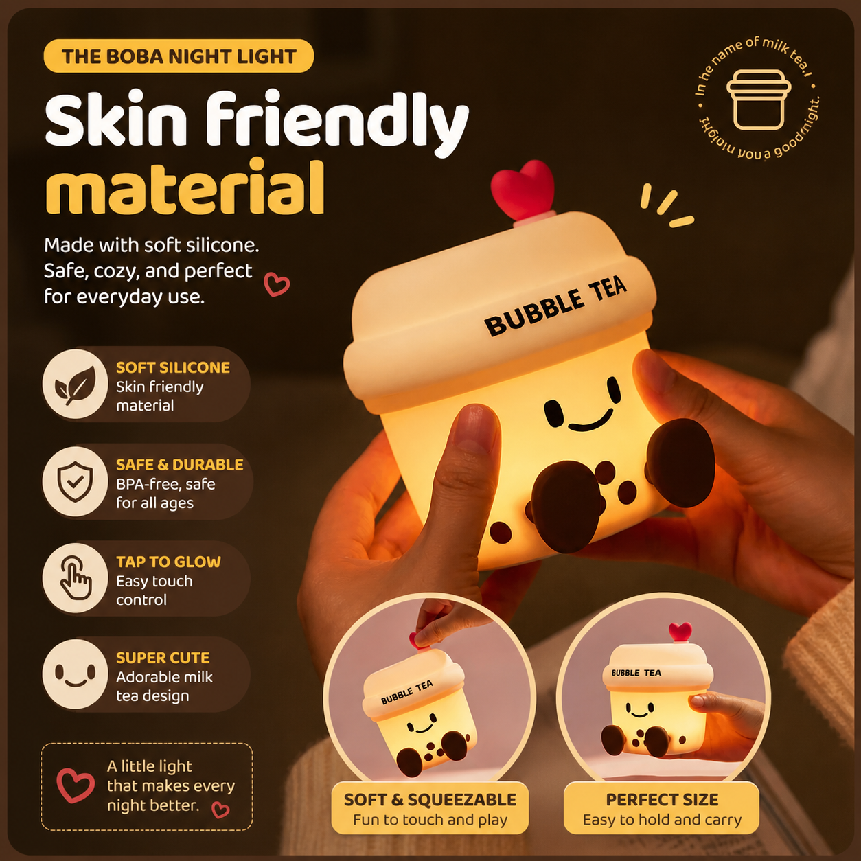 The Boba Night Light being held in hands, highlighting its soft silicone material, cute design, and cozy glowing light.