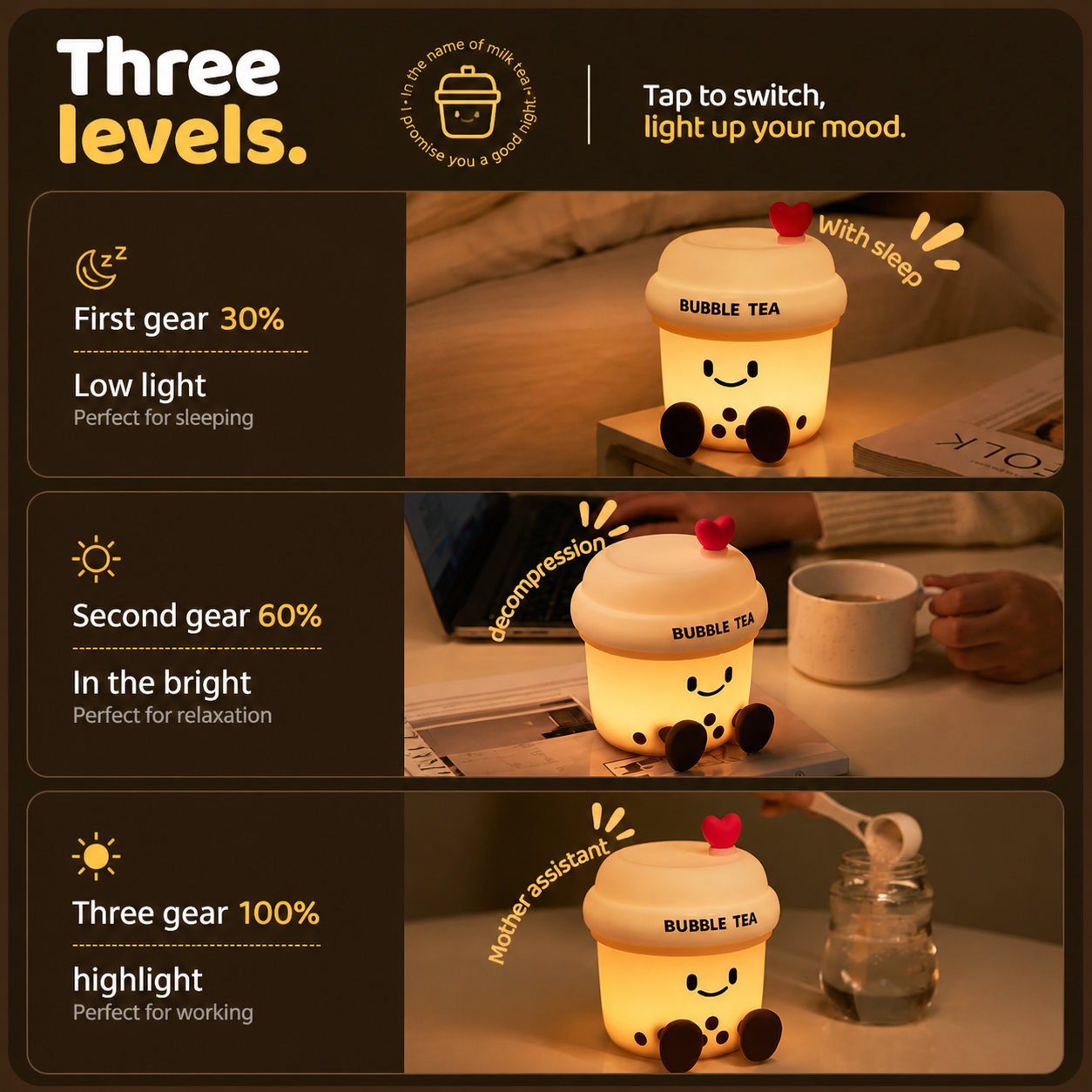 The Boba Night Light showing three brightness levels for sleep, relaxation, and brighter nighttime use.