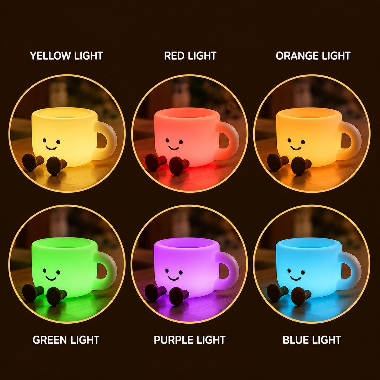 The Cozy Cup Night Light displaying multiple LED color modes including yellow, red, orange, green, purple, and blue in a cozy nighttime setting