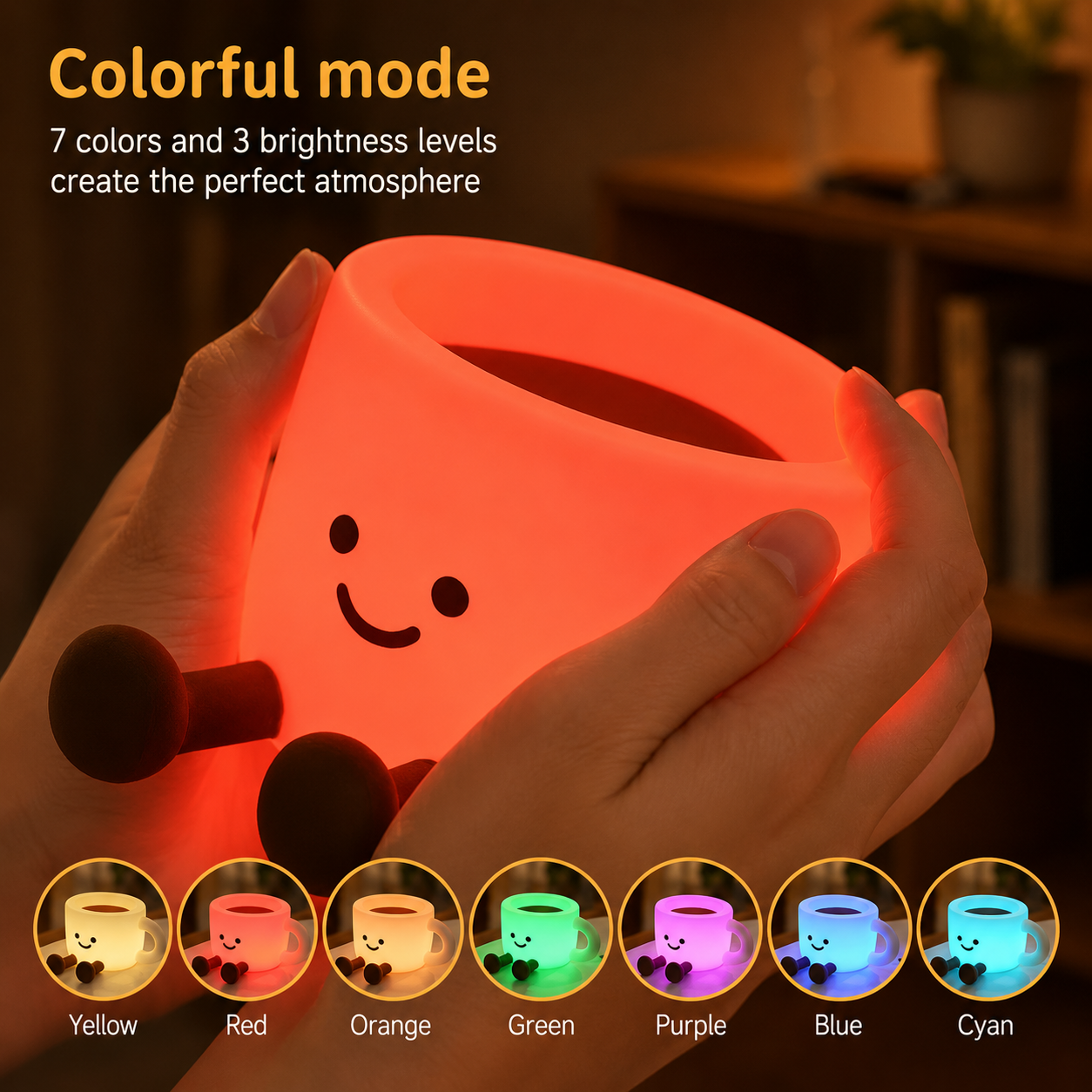 The Cozy Cup Night Light displaying colorful LED lighting modes including yellow, red, orange, green, purple, blue, and cyan for cozy bedroom ambiance and relaxing decor