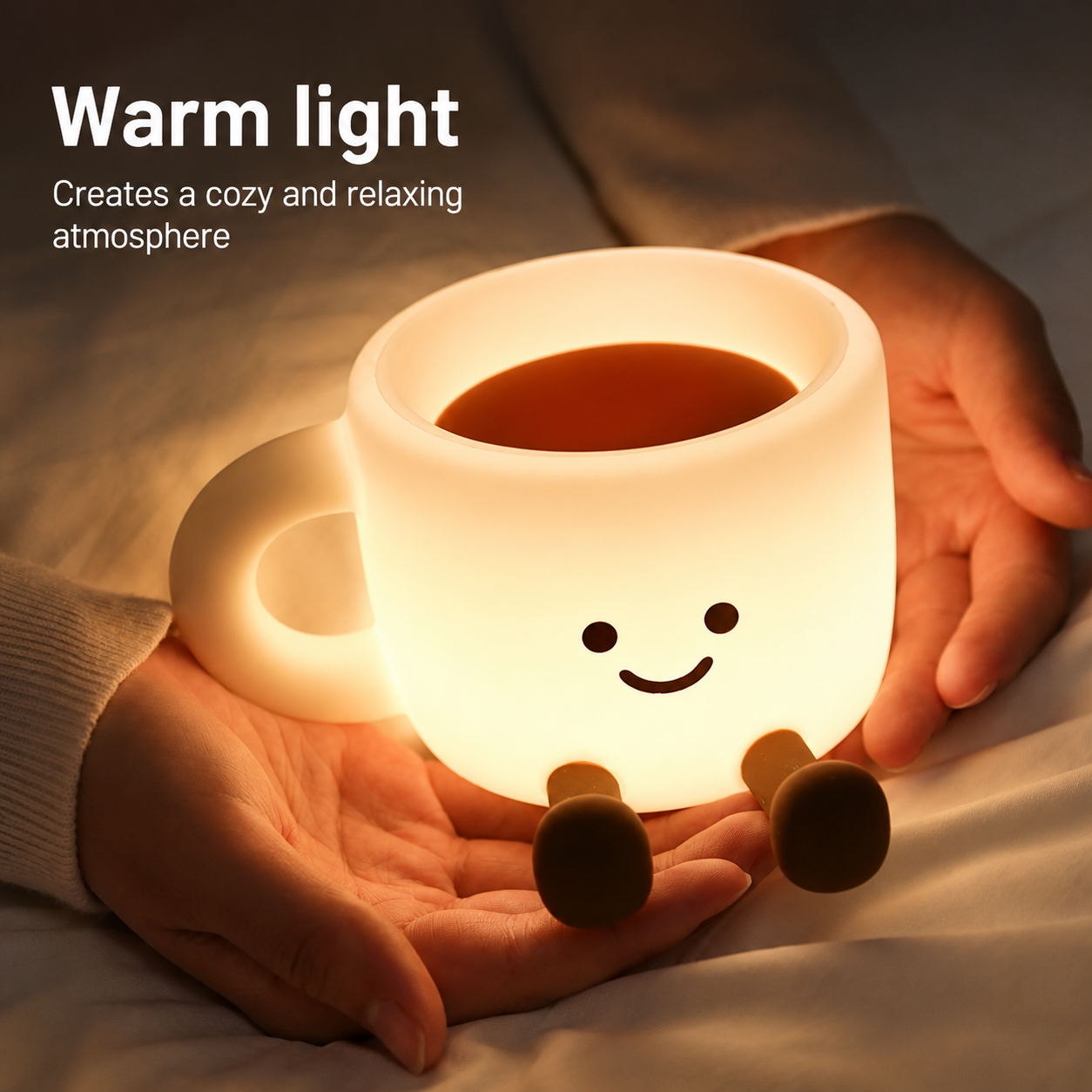 The Cozy Cup Night Light glowing warmly in hands on a bed, creating a cozy and relaxing atmosphere for nighttime comfort