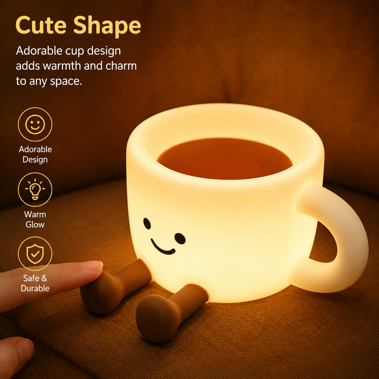 The Cozy Cup Night Light glowing warmly with a cute smiling coffee cup design, showing a soft silicone shape for cozy bedroom and desk decor