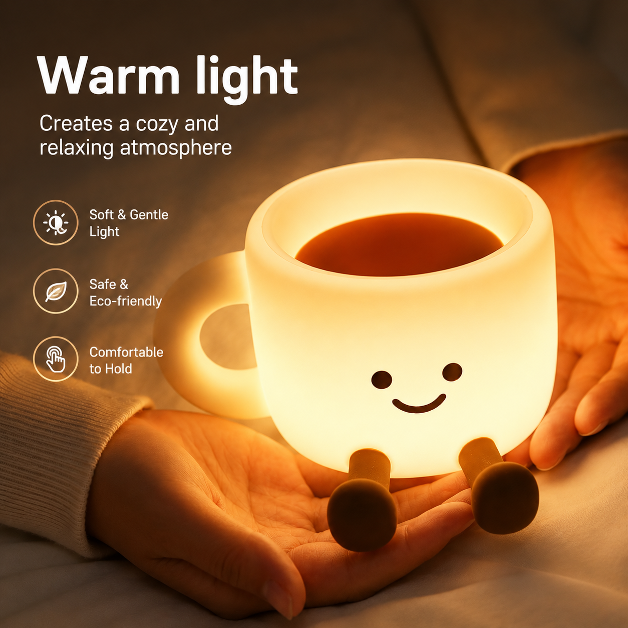 The Cozy Cup Night Light glowing warmly while being held in hands, showing a soft gentle light for cozy bedtime comfort and relaxing room decor