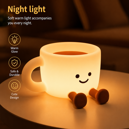 The Cozy Cup Night Light glowing warmly on a bedside table with cute smiling coffee cup design in a cozy nighttime setting