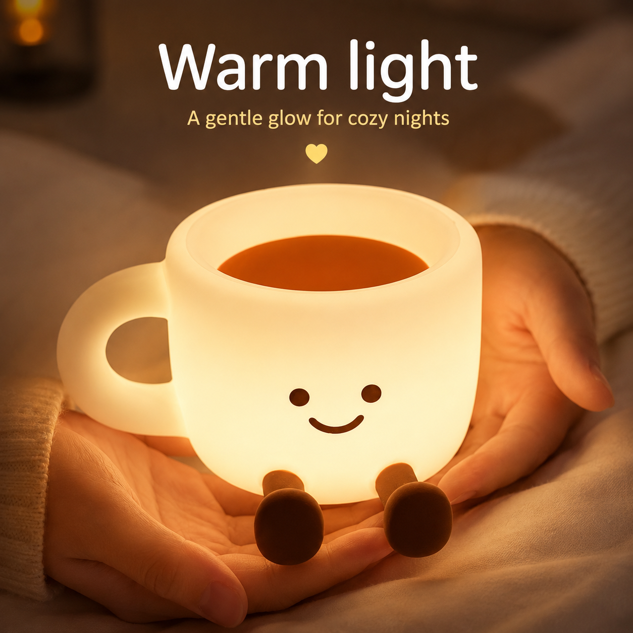 The Cozy Cup Night Light held in hands with a soft warm glow, creating a calming and cozy bedtime atmosphere for relaxing nights