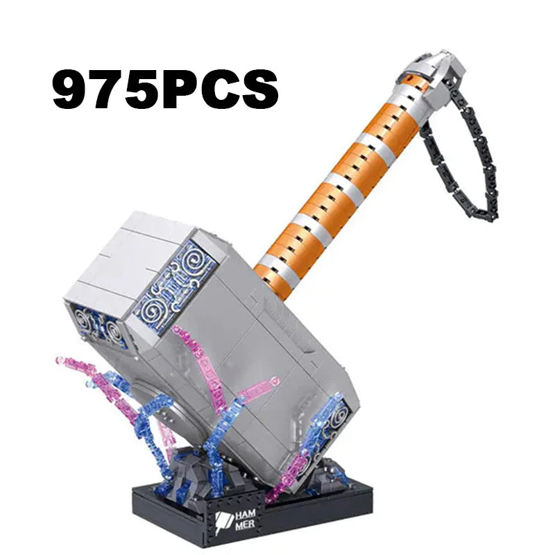 Thor-inspired thunder hammer building block model fully assembled on display