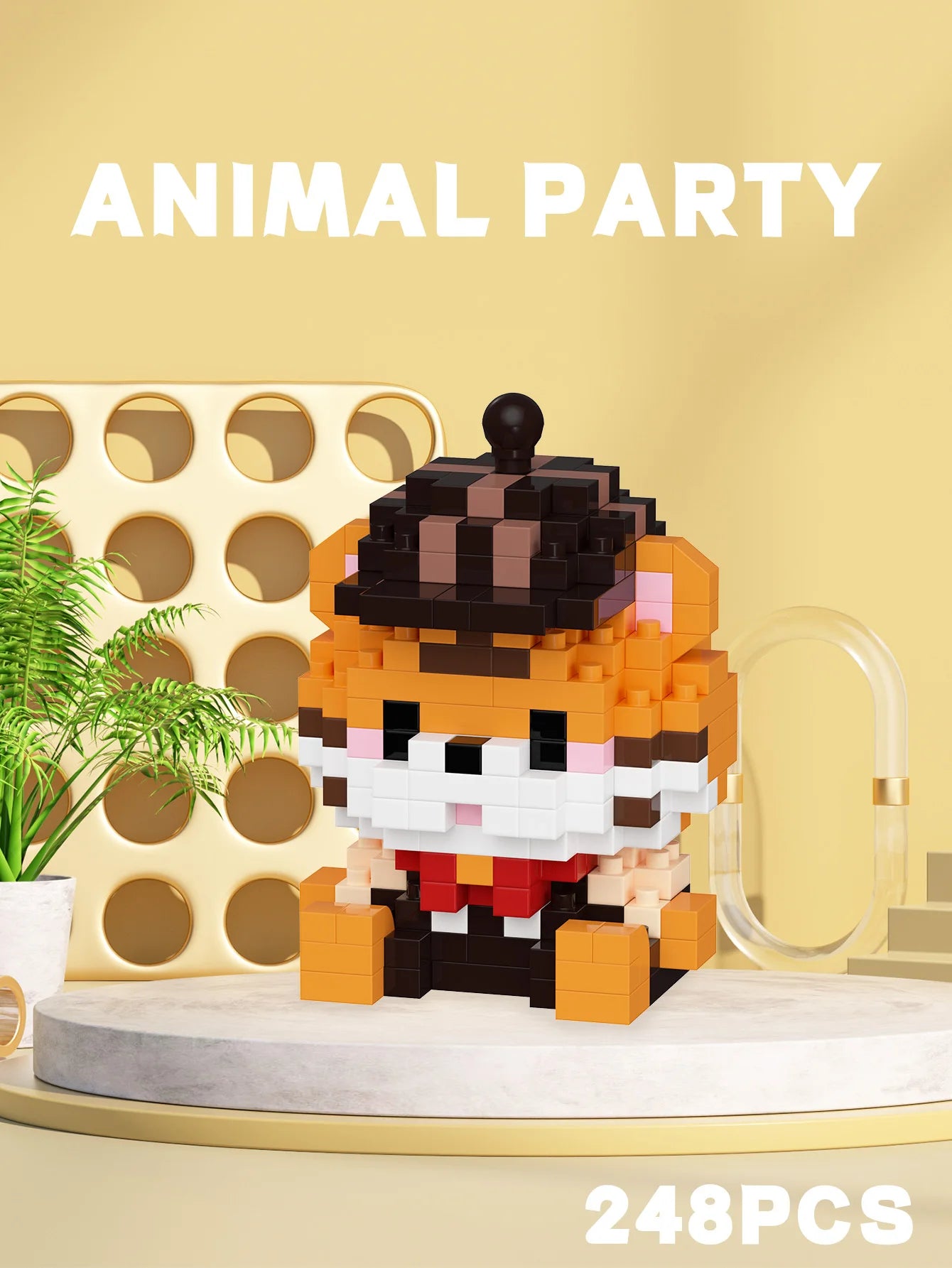 Cute tiger building block toy with hat, mini animal puzzle figure for kids on display with 248 pieces
