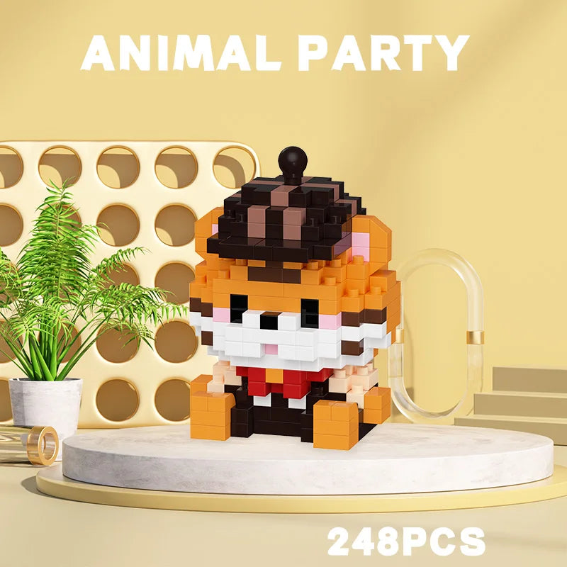 Cute tiger animal building block toy with hat, mini collectible puzzle figure for kids with 248 pieces