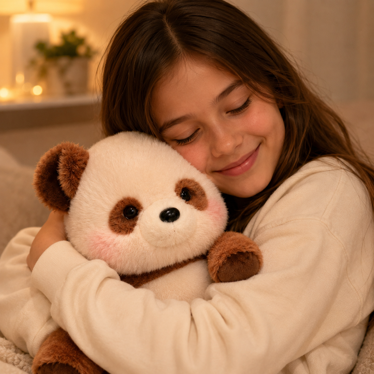 Toffee Zoomies brown panda plush being hugged in a cozy bedroom setting, showing a soft stuffed animal for cuddles, comfort, and emotional support