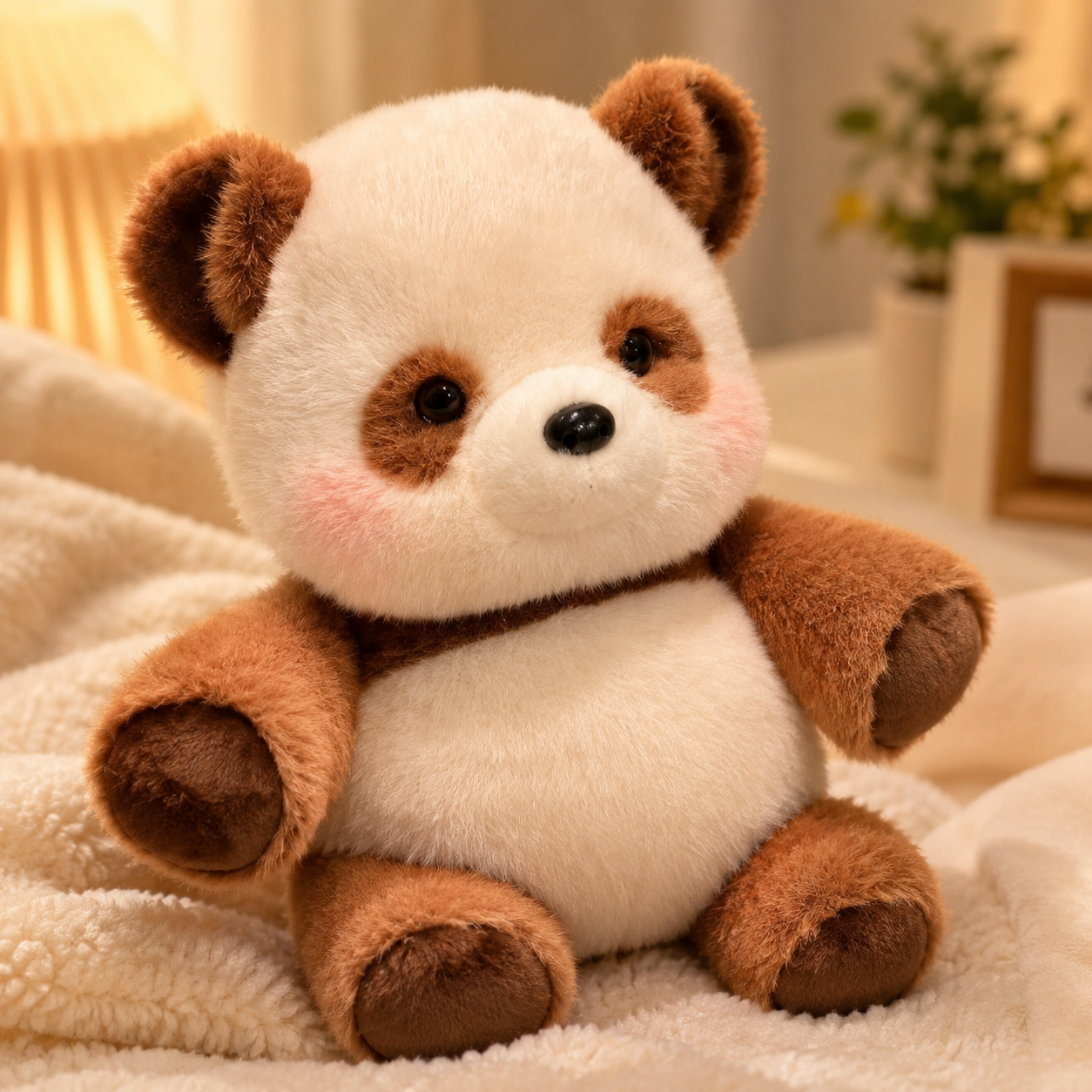 Toffee Zoomies brown panda plush sitting on a cozy bed with warm lighting, showing a soft stuffed animal for cuddles, comfort, and cute room decor