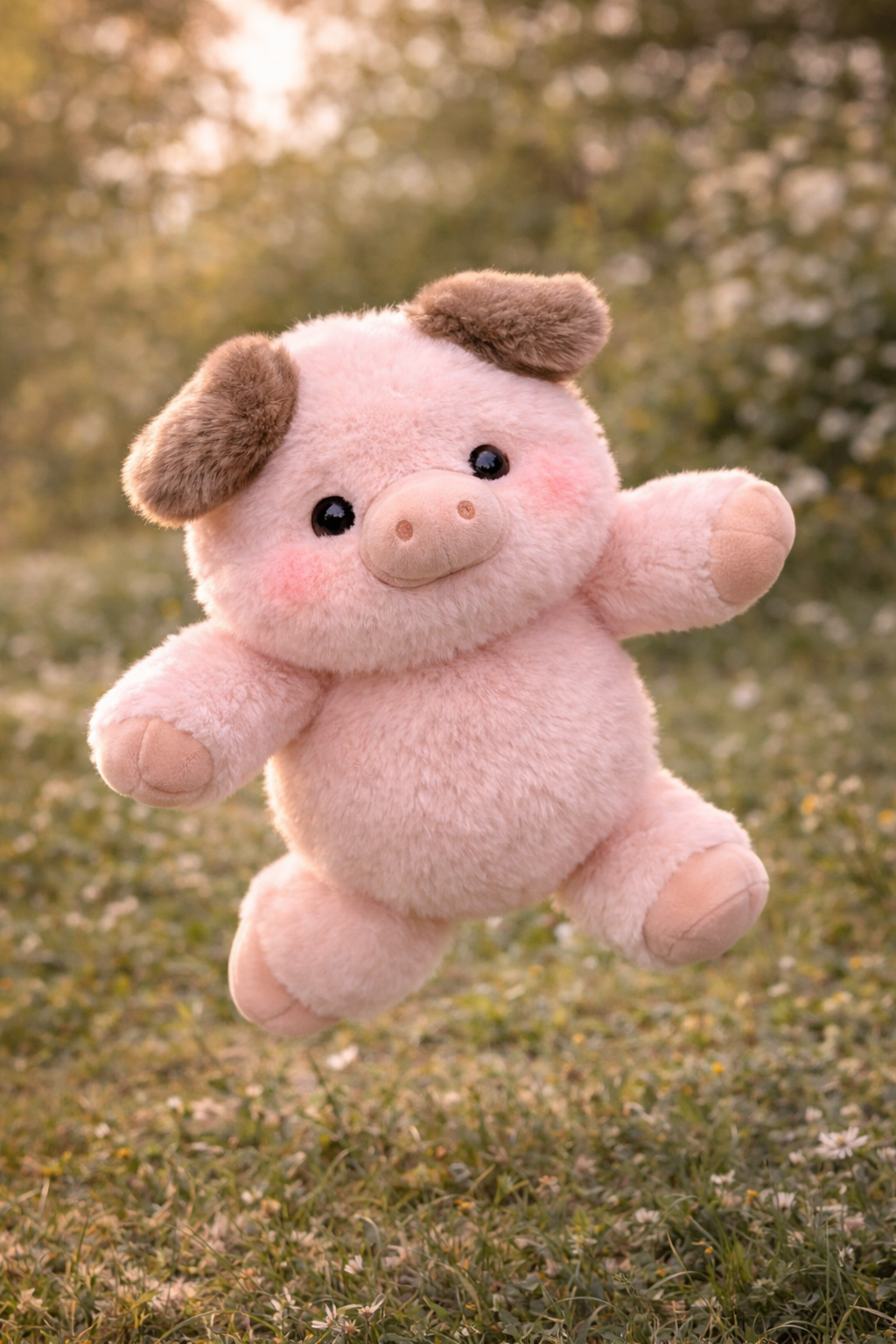 Tumbles Zoomies plush pig jumping mid-air outdoors on grass, soft cute stuffed animal full of playful energy and comfort