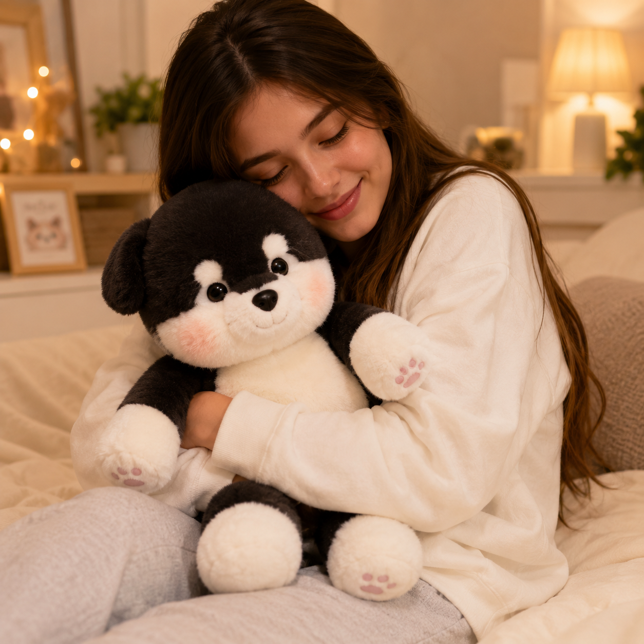 Waffles Zoomies plush dog being hugged in a cozy bedroom setting, soft stuffed animal designed for comfort, cuddles, and emotional support