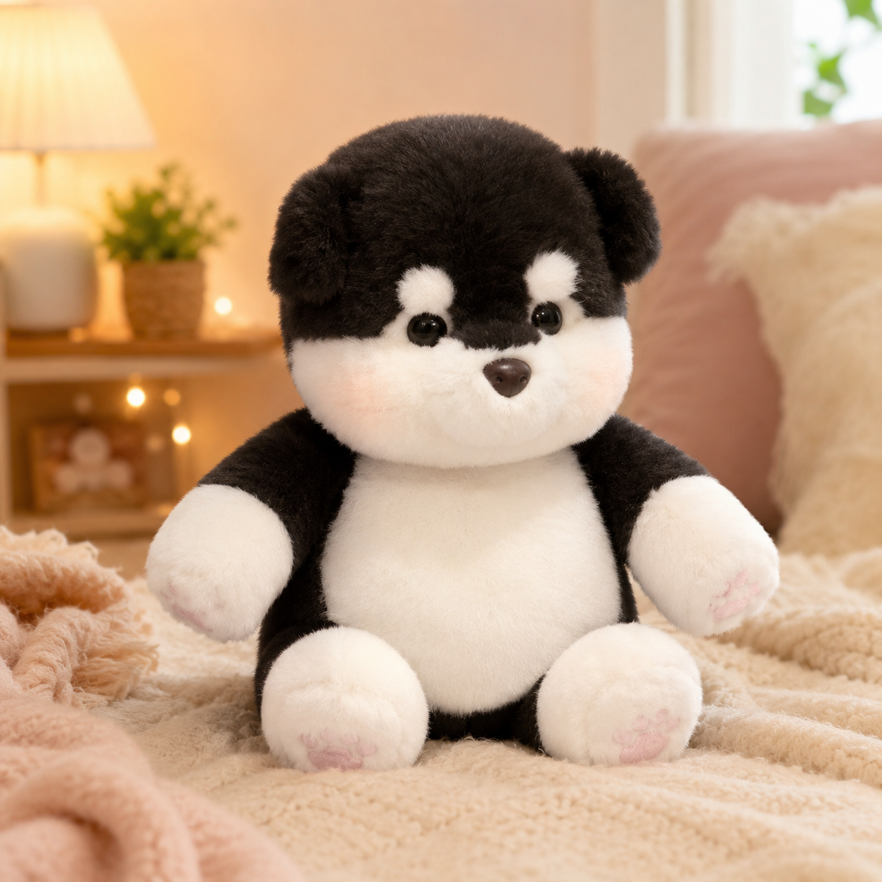 Waffles Zoomies plush dog sitting on a cozy bed with soft bedroom lighting, showing a cute black and white stuffed animal for cuddles and comfort