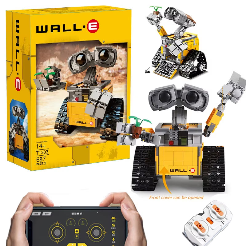 Front view of a WALL-E robot built from LEGO-compatible building blocks