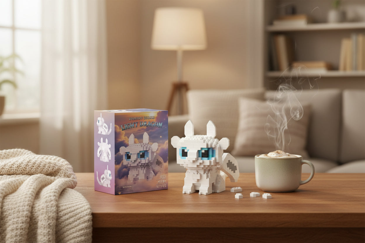 White dragon micro building block figure shown with its packaging box