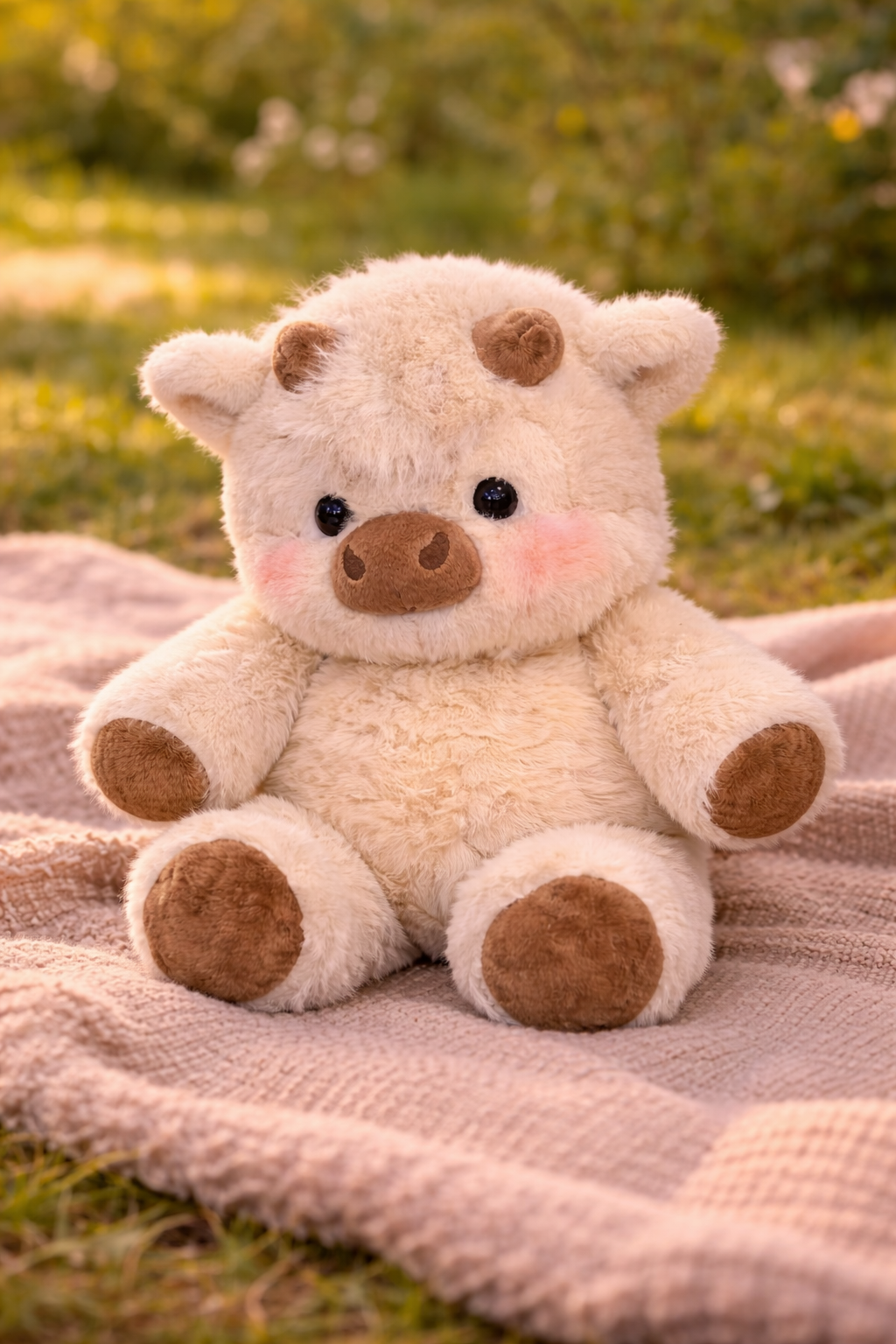 Wiggles Zoomies plush sitting on a cozy blanket outdoors, soft stuffed animal designed for comfort, warmth, and gentle play