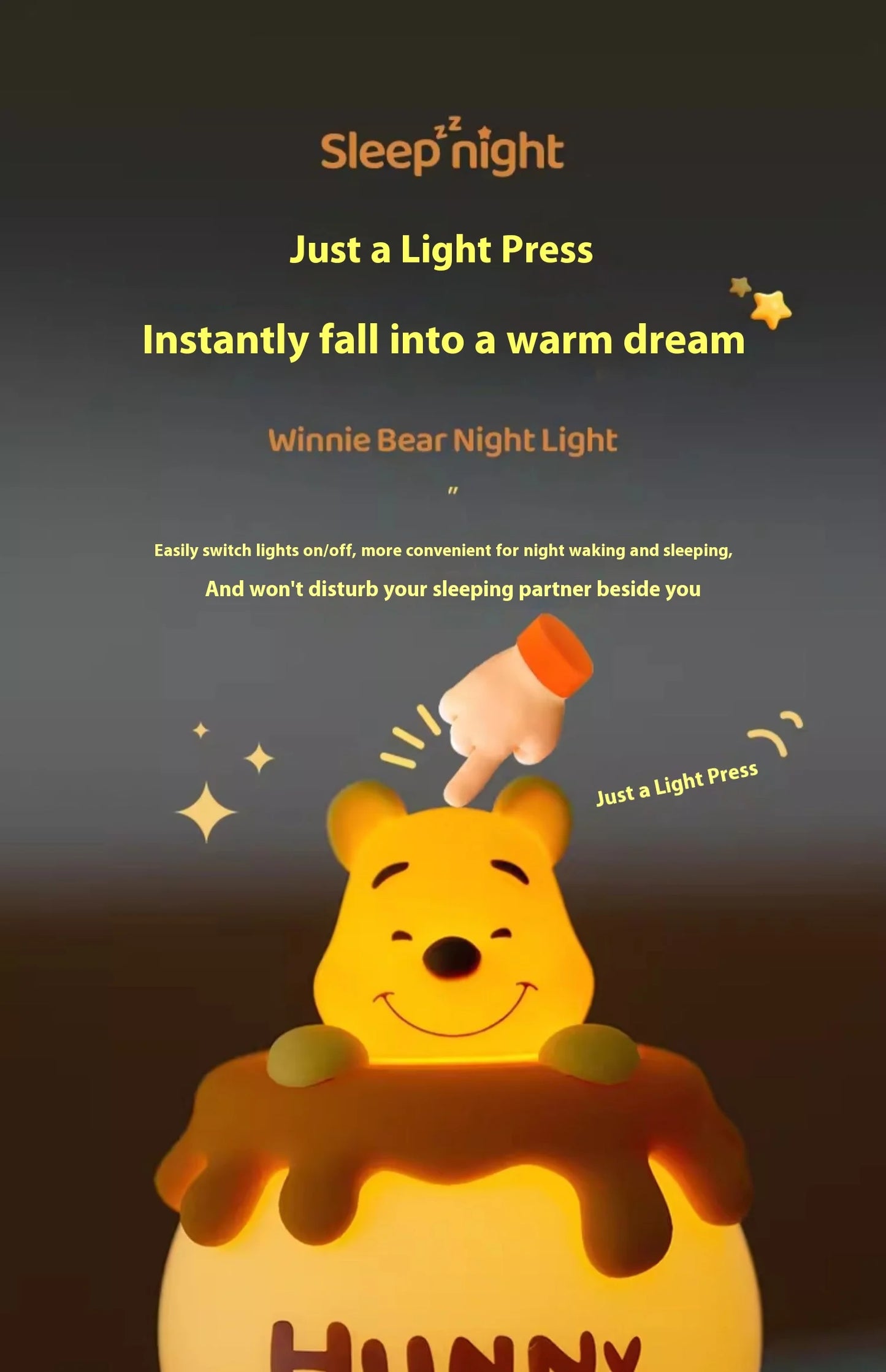 Detail view of the Winnie the Pooh night light showing its smooth finish