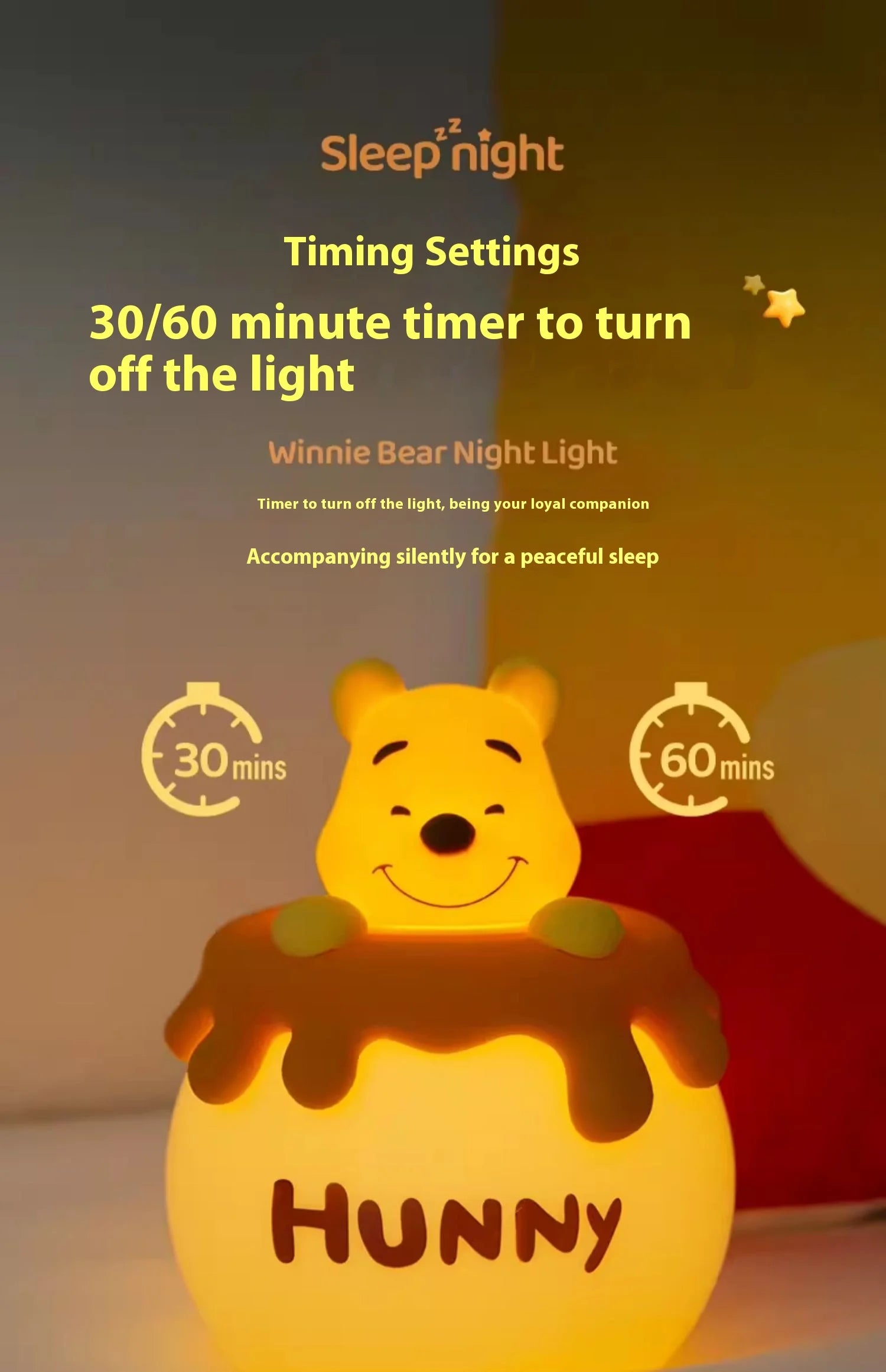 Winnie the Pooh night light glowing softly in a dark room at night