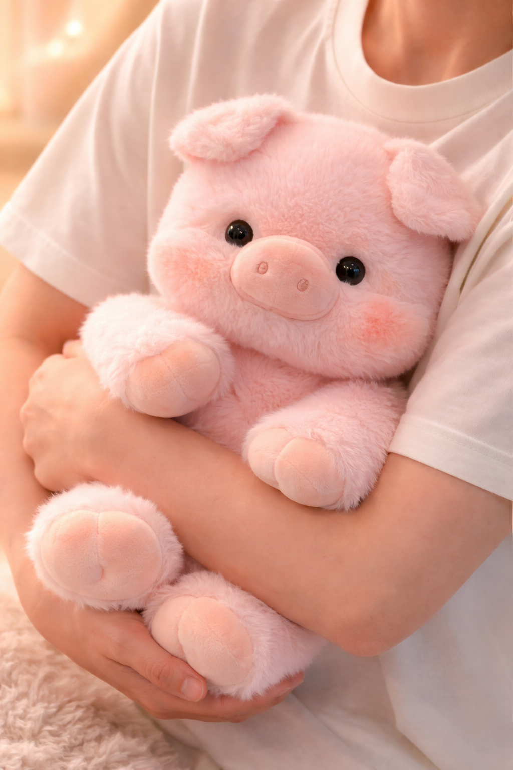 Zippy Zoomies plush pink pig being hugged, soft stuffed animal designed for comfort, emotional support, and cozy moments