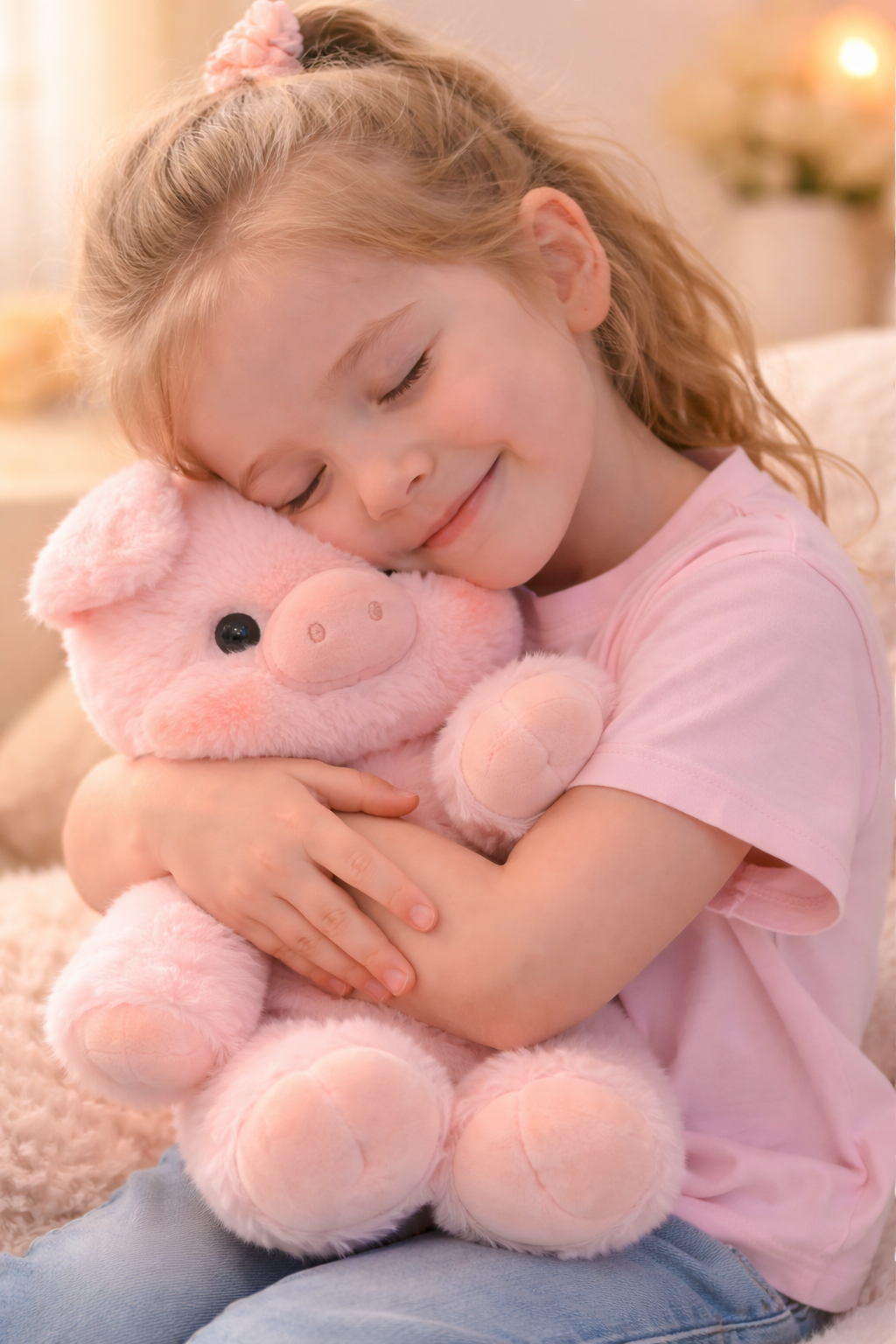 Zippy Zoomies plush pig being hugged by a child, soft stuffed animal providing comfort, calm, and emotional support
