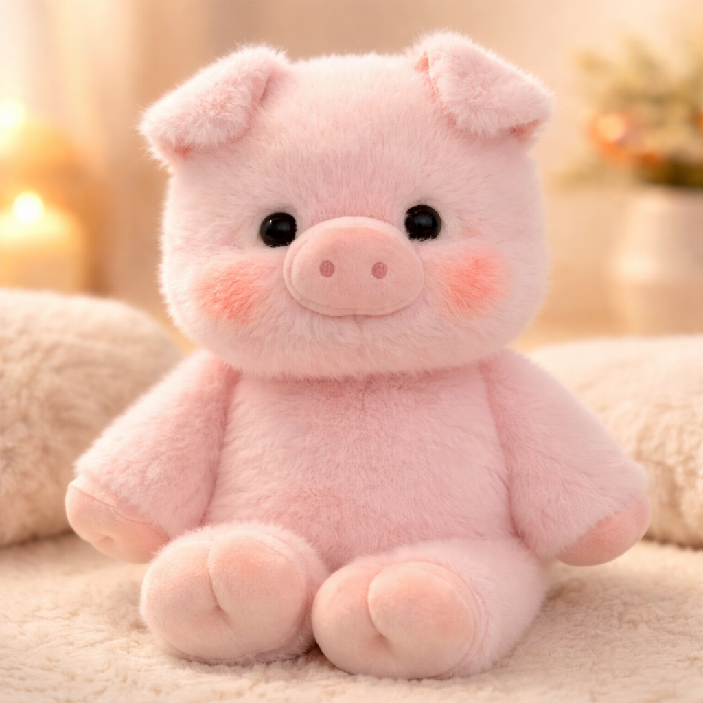 Zippy Zoomies plush pink pig sitting on a soft surface, cute emotional support stuffed animal for comfort and cuddling