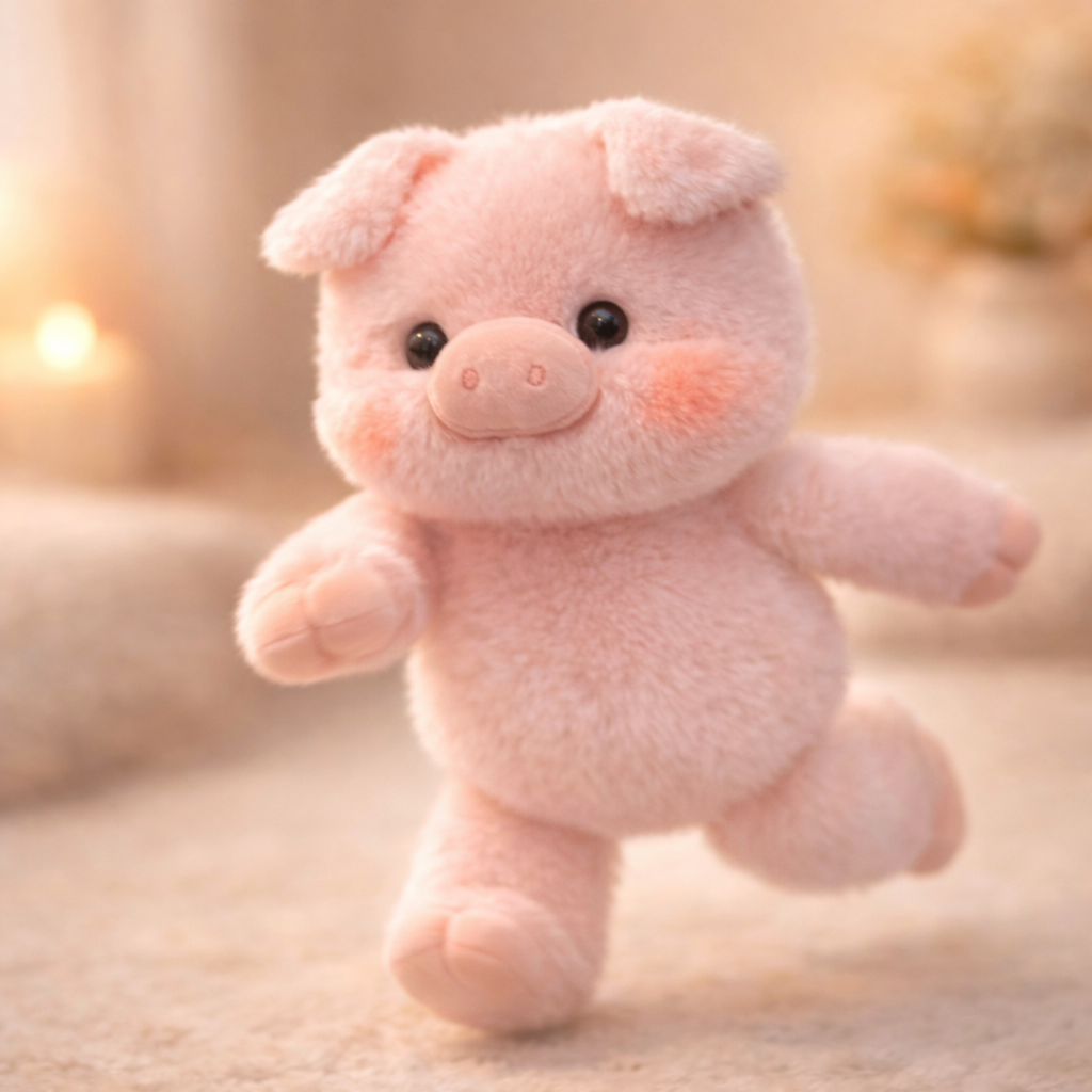 Zippy Zoomies pink pig plush running on a soft surface, cute emotional support stuffed animal full of playful energy