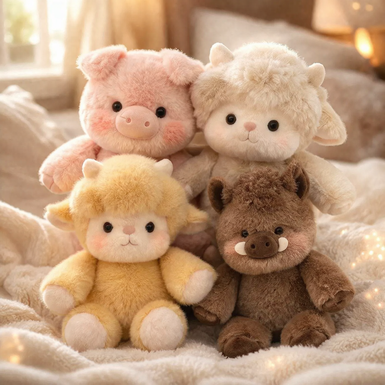 Zoomies plush collection featuring cute pig, sheep, and animal stuffed toys sitting together on a cozy surface, soft emotional support plushies